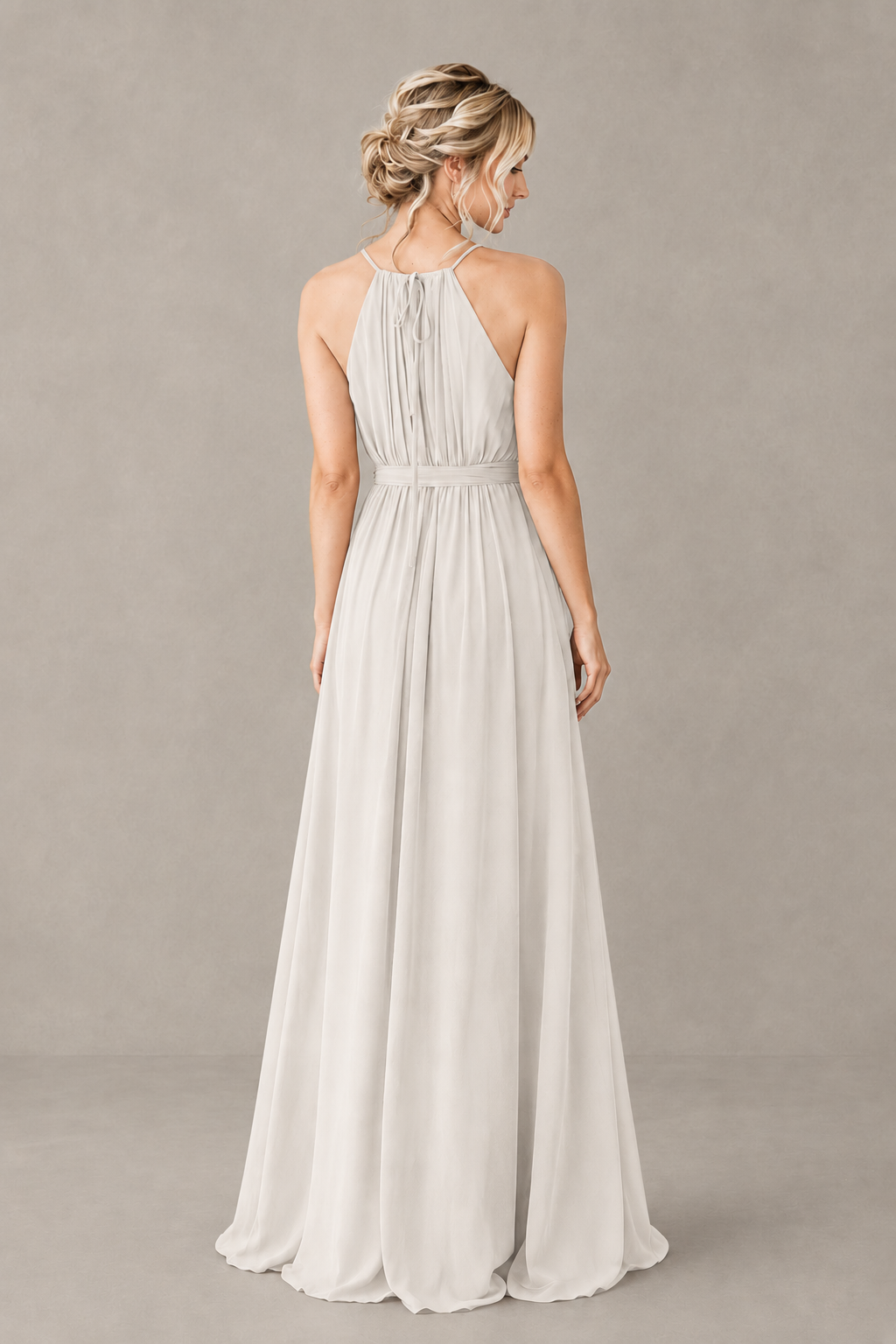 BOLODOO Ivory Halter Chiffon Bridesmaid Dress with High Slit - Ivory