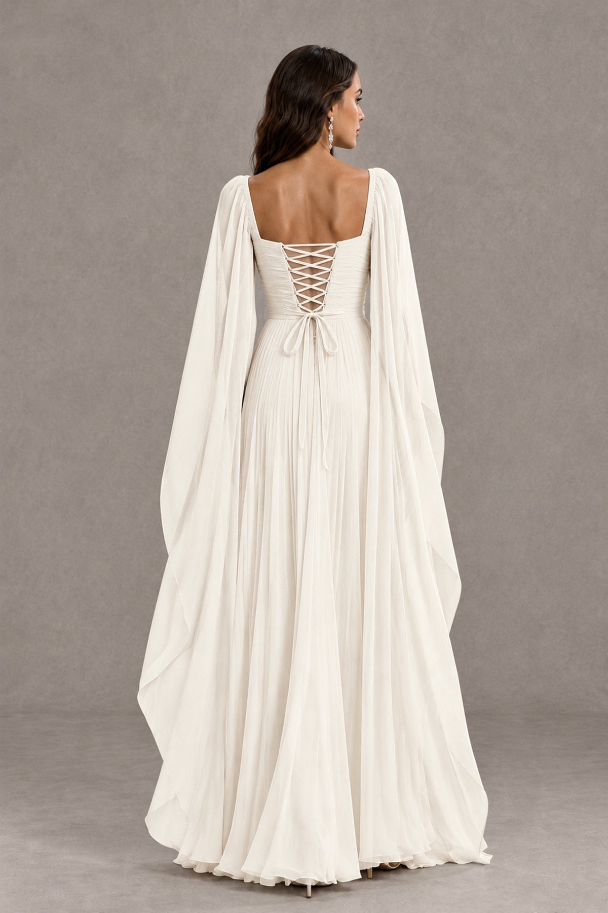 BOLODOO Ivory Square Neck Cape Sleeve A-Line Evening Dress - Ivory - Ivory_2