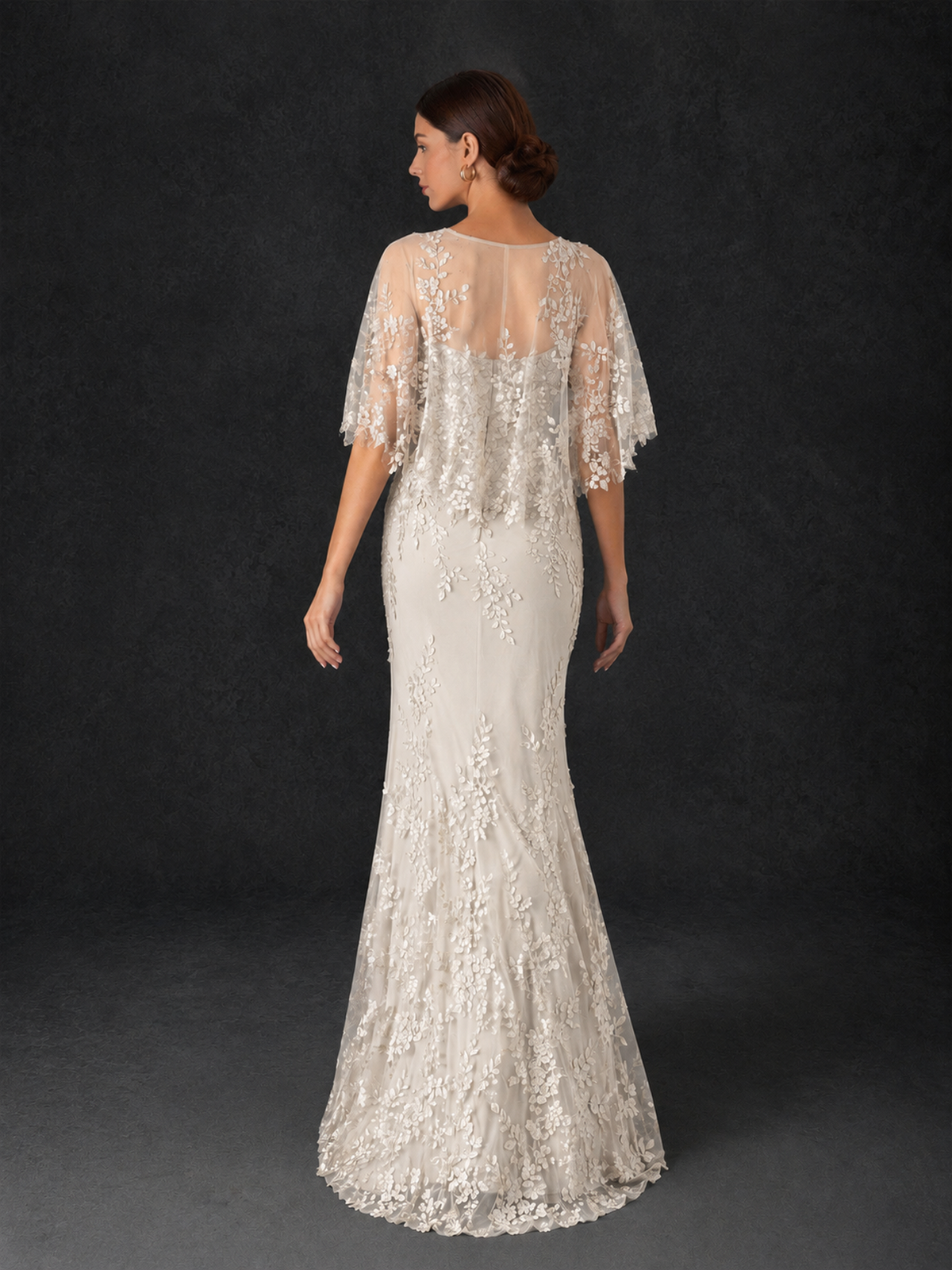 BOLODOO Mocha Ivory Botanical Lace Flutter Sleeve Mermaid Gown - Ivory