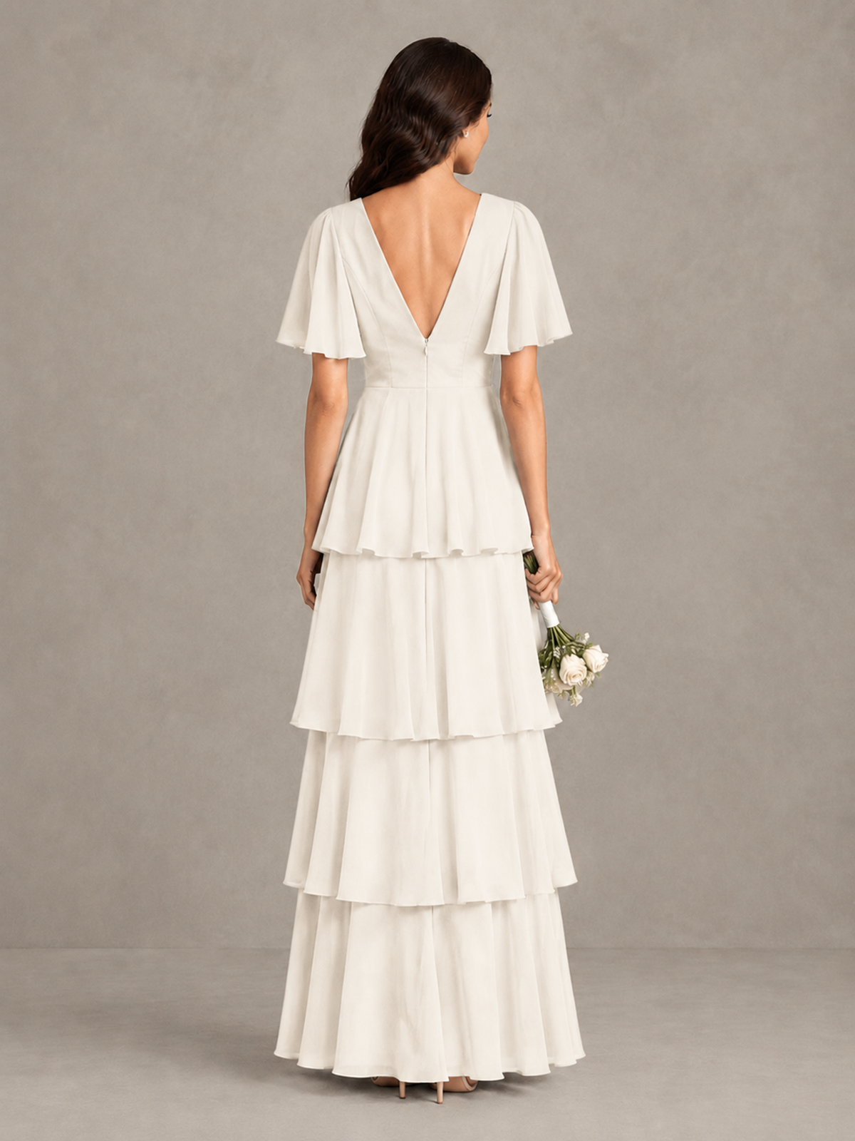 BOLODOO Ivory Tiered Flutter Sleeve Bridesmaid Dress - Ivory - Ivory_2