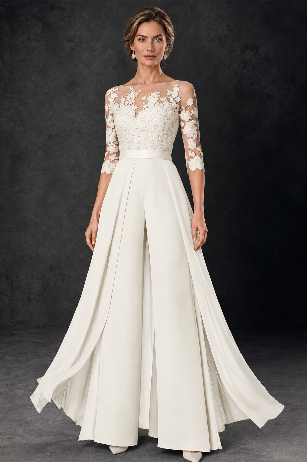 BOLODOO Ivory Lace Wide-Leg Jumpsuit with Three-Quarter Sleeves - Ivory - Ivory_2