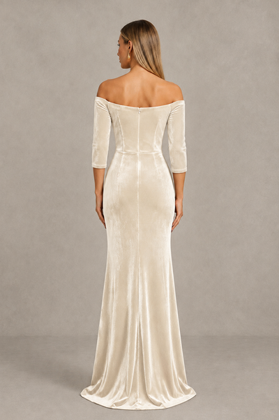 BOLODOO Ivory Off-Shoulder Velvet Evening Dress with High Slit - Ivory - Ivory_2