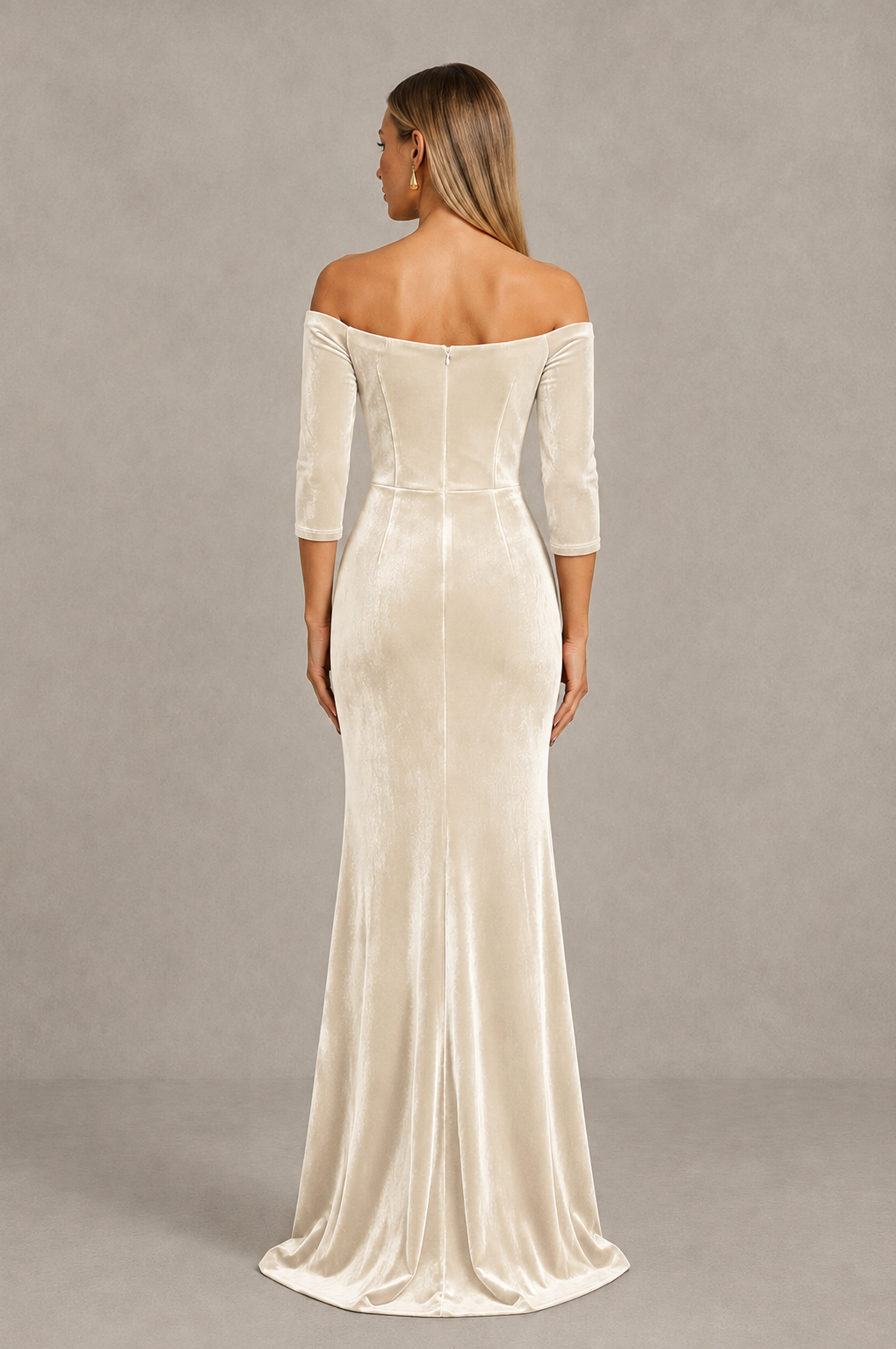 BOLODOO Ivory Off-Shoulder Velvet Evening Dress with High Slit - Ivory - Ivory_2