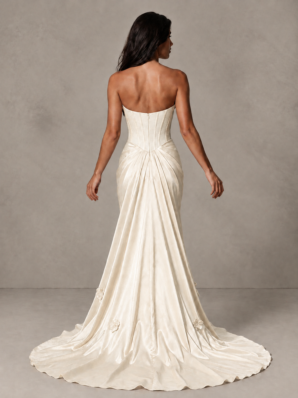 BOLODOO Ivory Strapless Floral Corset Evening Gown with Train - Ivory - Ivory_2