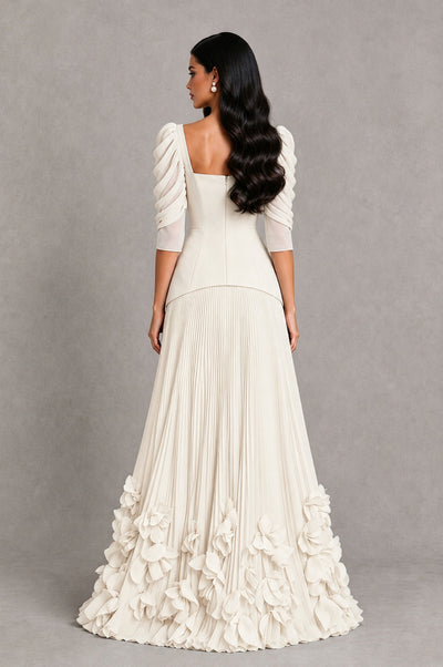 BOLODOO Ivory Square Neck Pleated Floral Applique Evening Dress - Ivory - Ivory_2