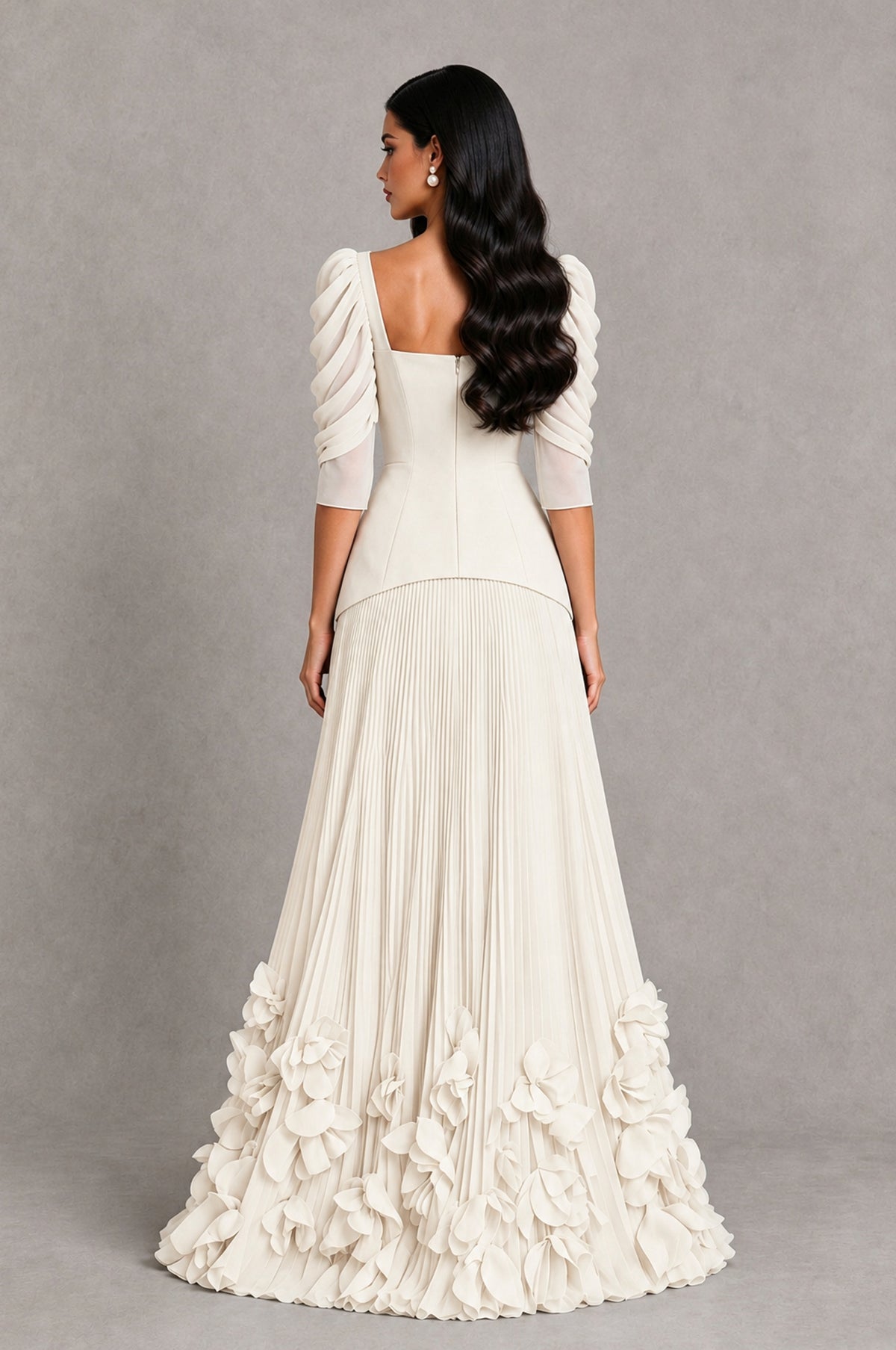 BOLODOO Ivory Square Neck Pleated Floral Applique Evening Dress - Ivory - Ivory_2