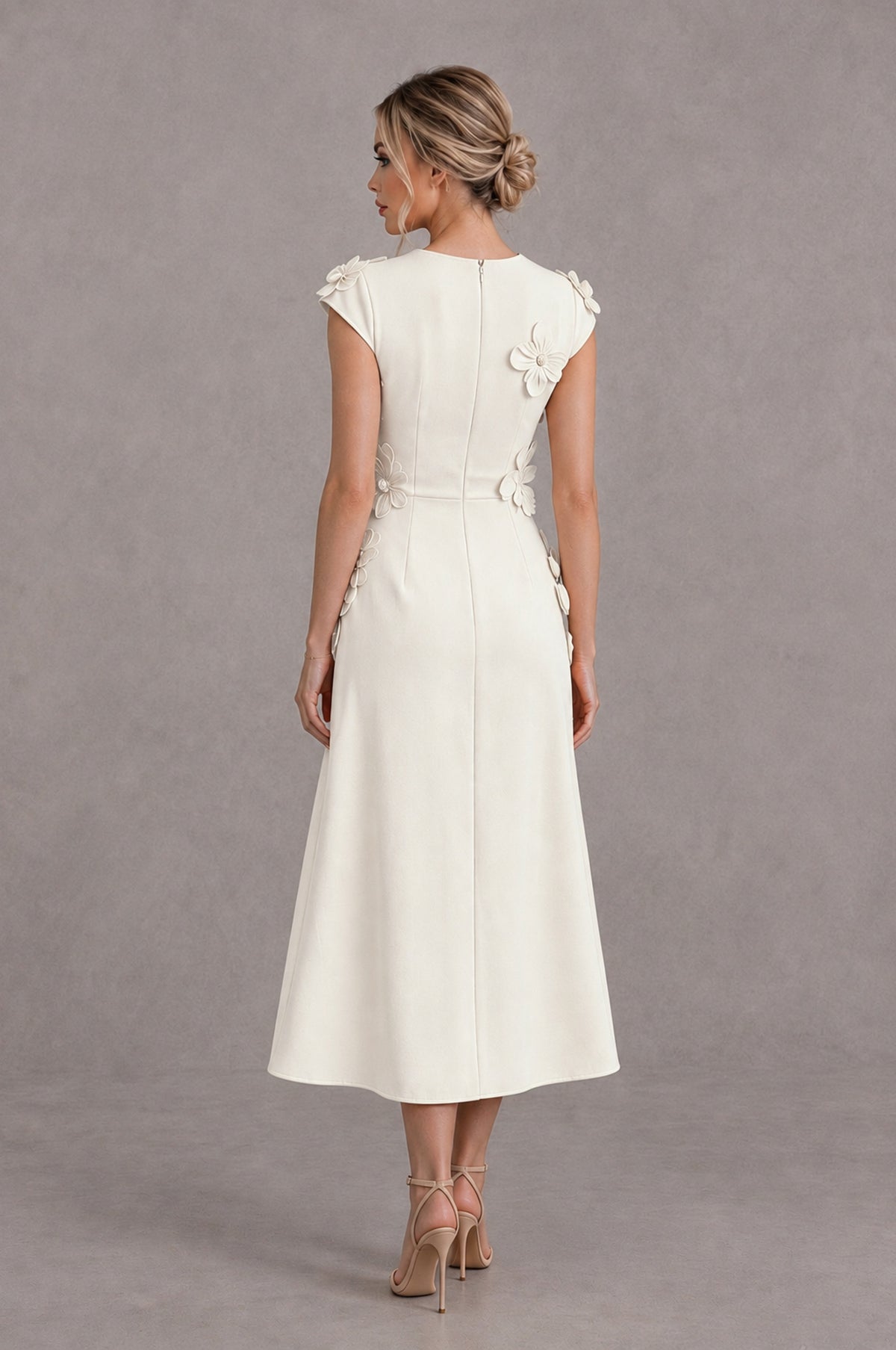 BOLODOO Ivory 3D Floral Cap Sleeve Midi Cocktail Dress - Ivory - Ivory_2