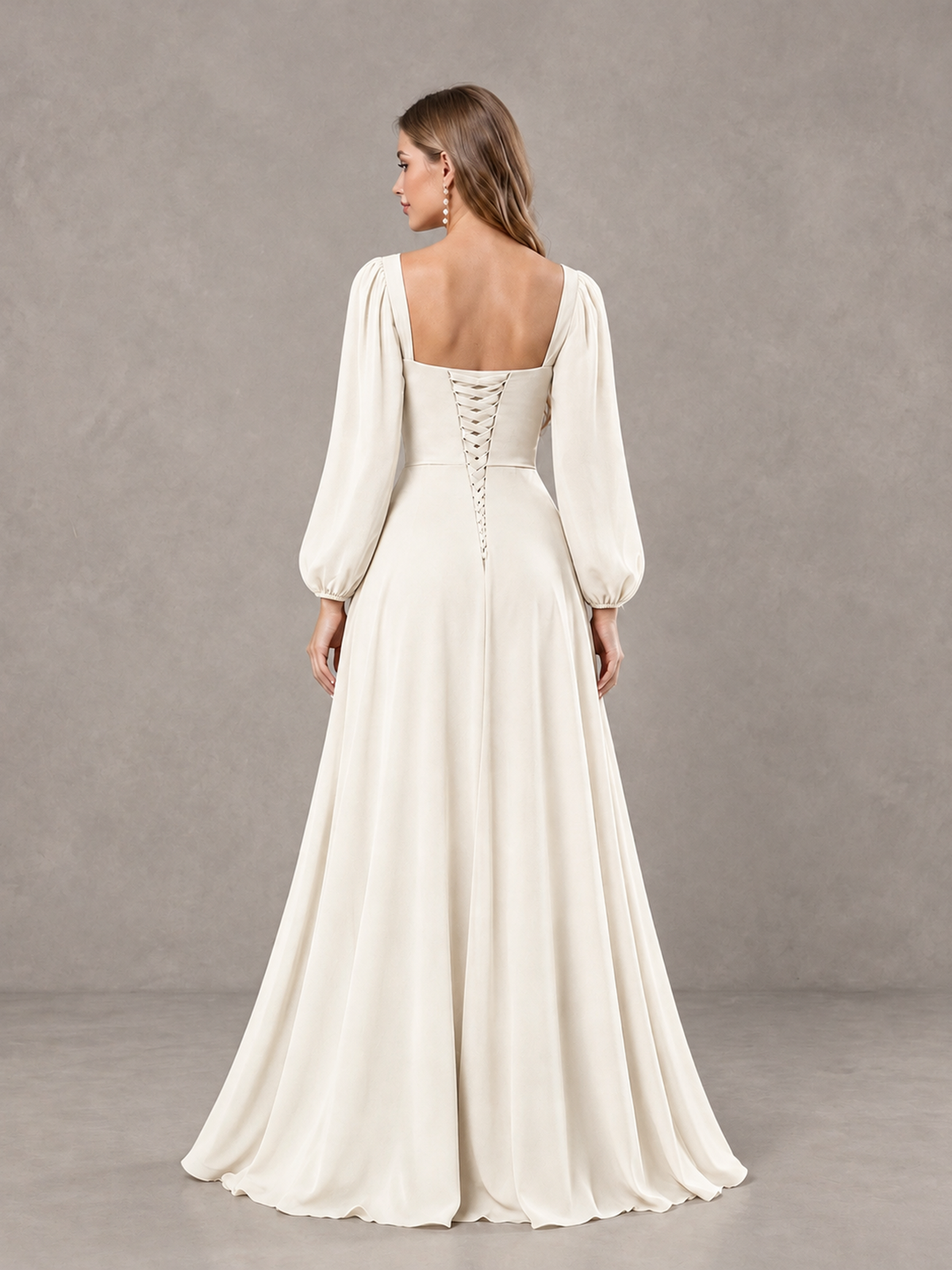 BOLODOO Ivory Square Neck Long Sleeve Bridesmaid Dress with Ruffle Slit - Ivory - Ivory_2