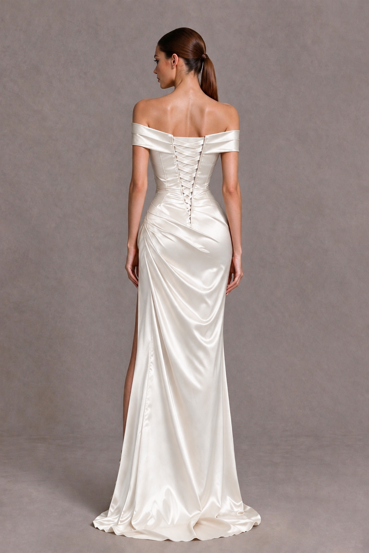 BOLODOO Ivory Off-the-Shoulder Ruched Satin Prom & Evening Dress with High Slit - Ivory - Ivory_2