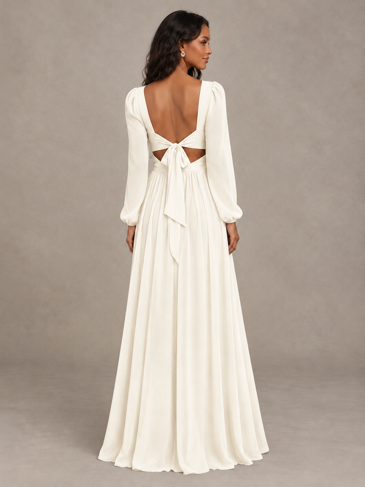 BOLODOO Ivory V-Neck Long Sleeve Bridesmaid Dress with Tie Back and Slit - Ivory - Ivory_2