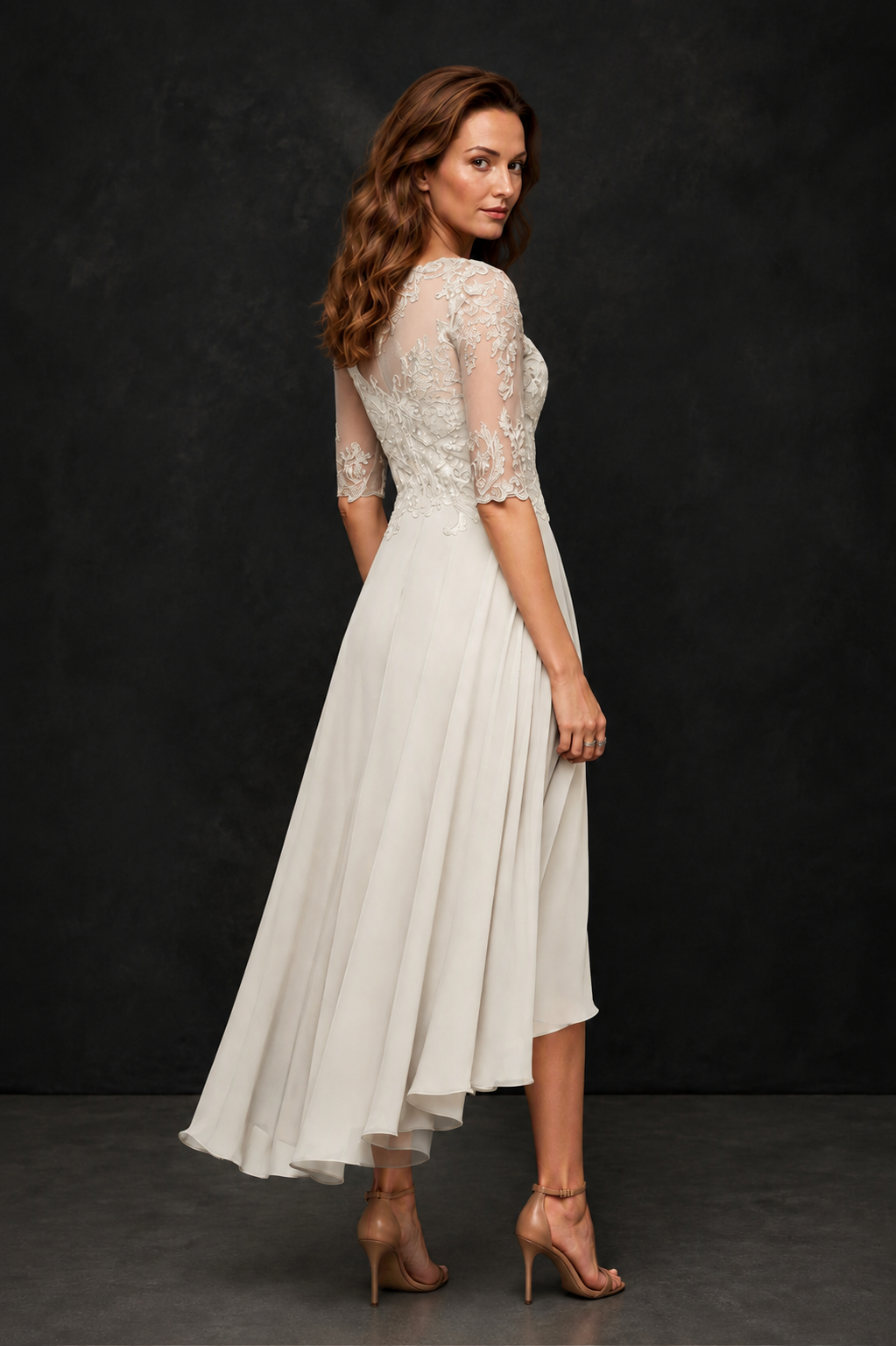 BOLODOO Ivory Illusion Lace 3/4 Sleeve Hi-Lo Chiffon A-Line Dress | Mother of the Bride Tea Length Dress - Ivory