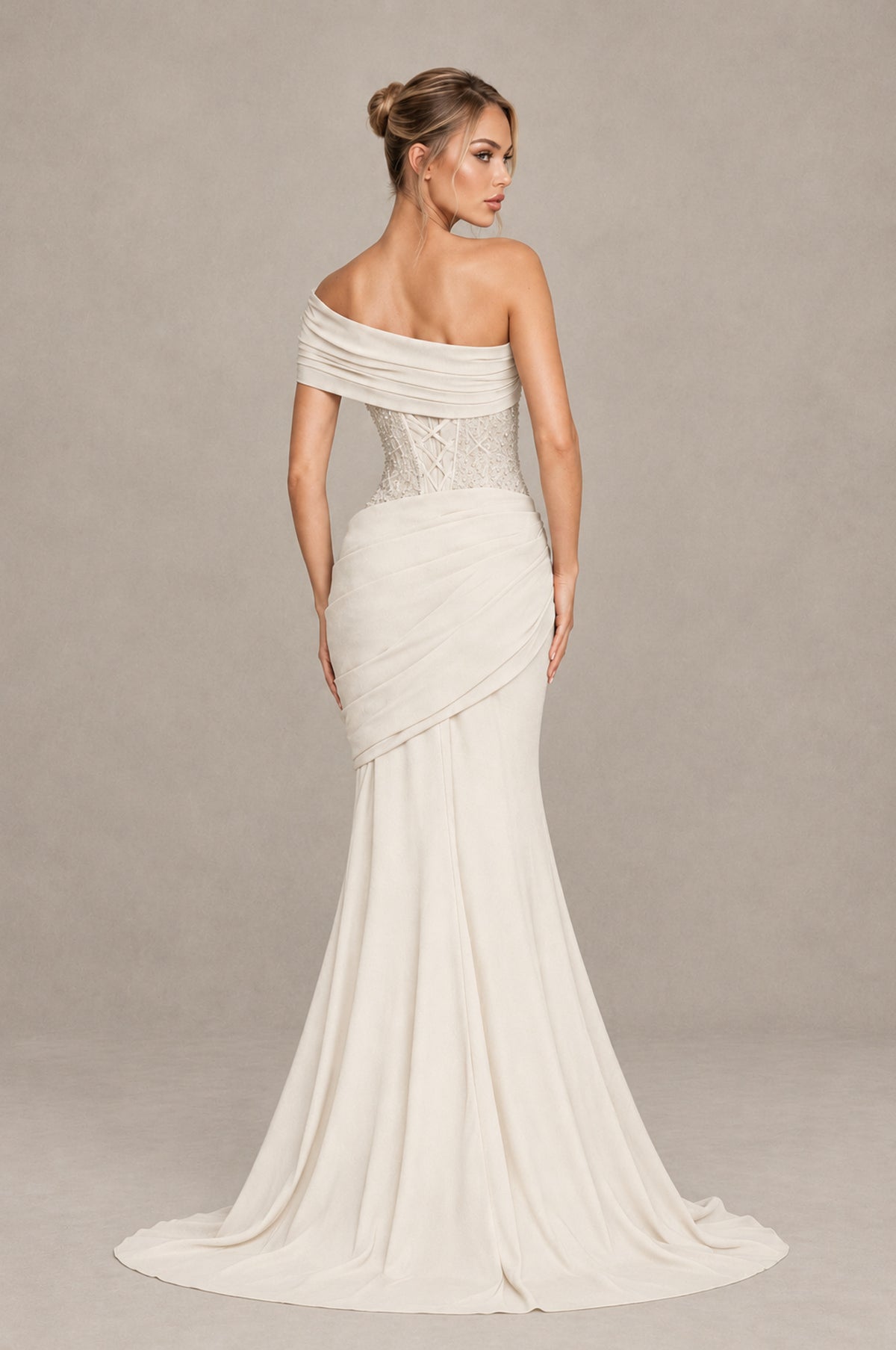 BOLODOO Ivory One-Shoulder Sequin Embroidered Ruched Mermaid Gown with Train - Ivory - Ivory_2