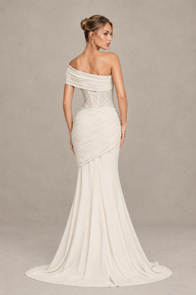 BOLODOO Ivory One-Shoulder Sequin Embroidered Ruched Mermaid Gown with Train - Ivory - Ivory_2