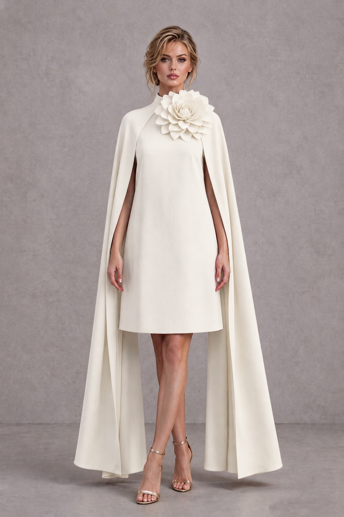 BOLODOO Ivory High Neck Floral Cape Mini Cocktail Dress - Ivory - Ivory_2