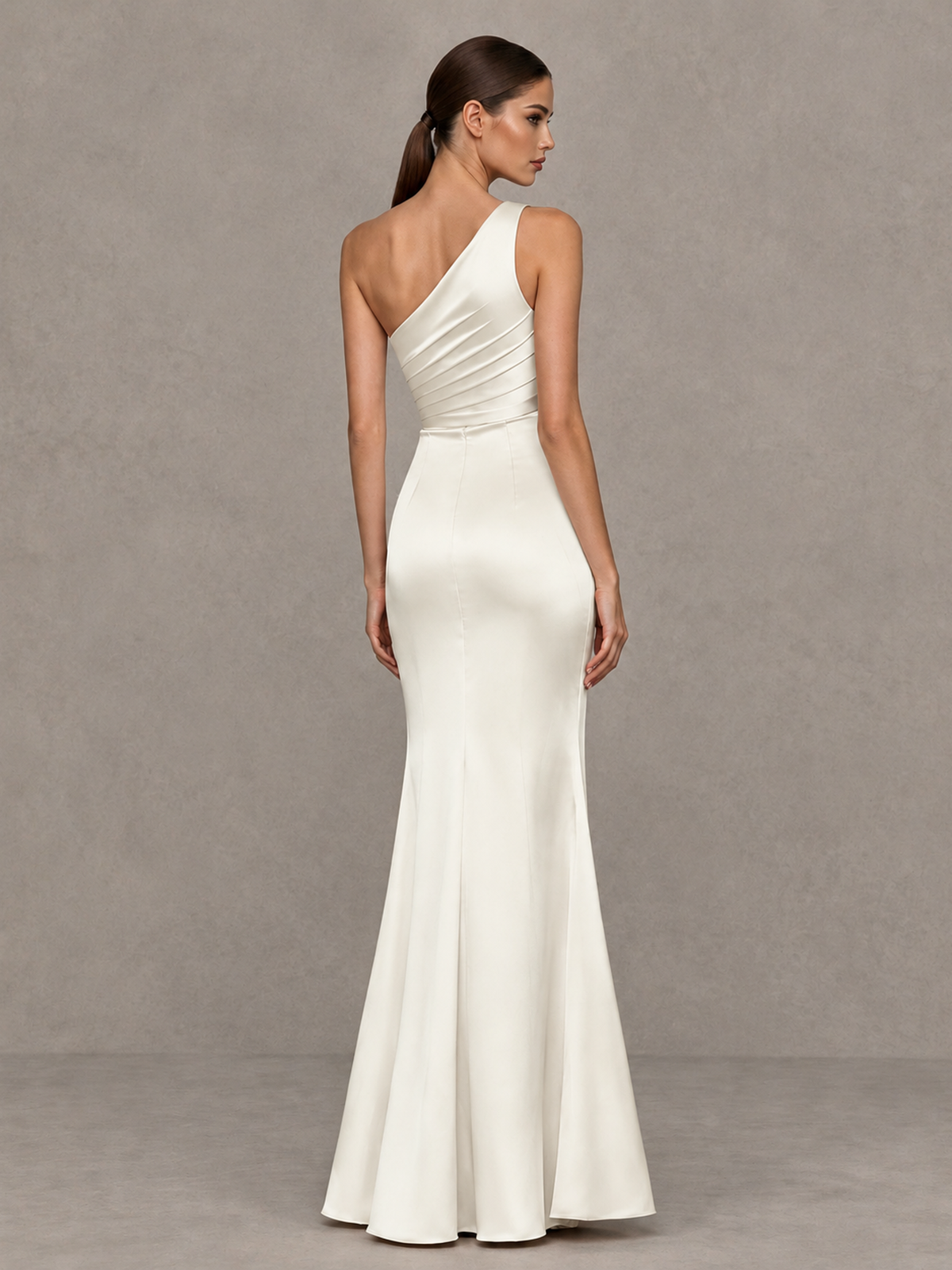 BOLODOO Ivory One-Shoulder Ruched Satin-Look Evening Gown with High Slit - Ivory - Ivory_2