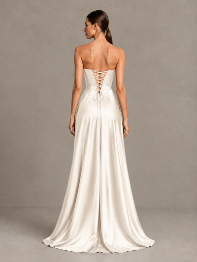 BOLODOO Ivory Strapless Satin High-Slit Lace-Up Prom Dress - Ivory - Ivory_2