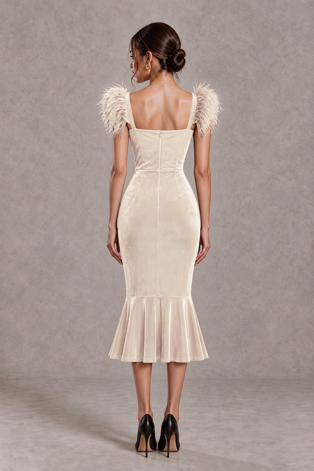 BOLODOO Ivory Feather-Trim Velvet-Look Mermaid Midi Dress - Ivory - Ivory_2