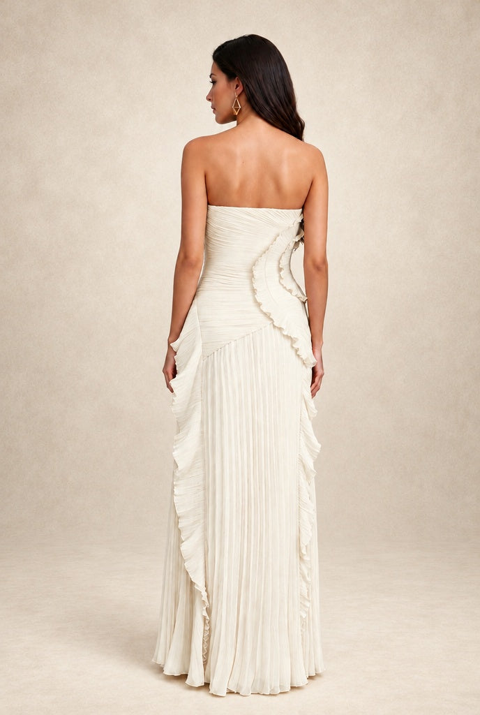 BOLODOO Ivory Strapless Ruffle Pleated Slit Evening Gown - Ivory - Ivory_2