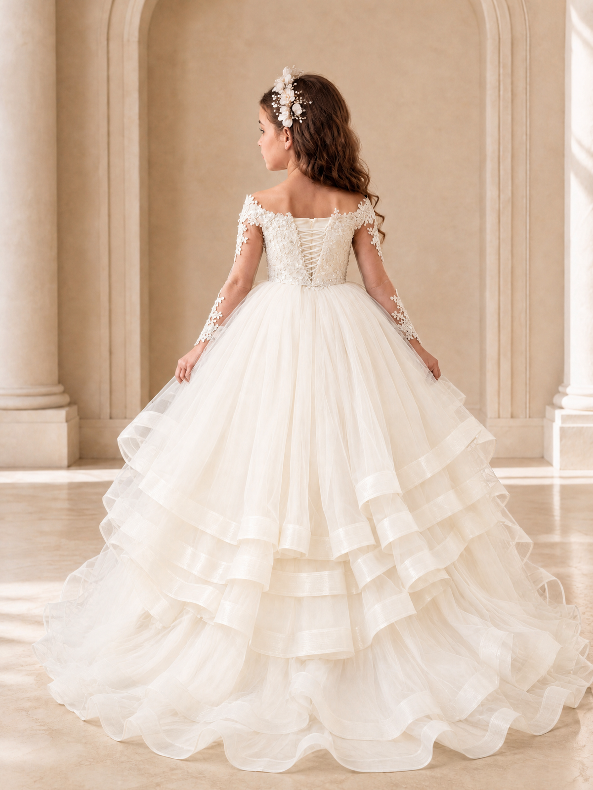 BOLODOO Ivory Lace Long Sleeve Tiered Flower Girl Dress - Ivory - Ivory_2