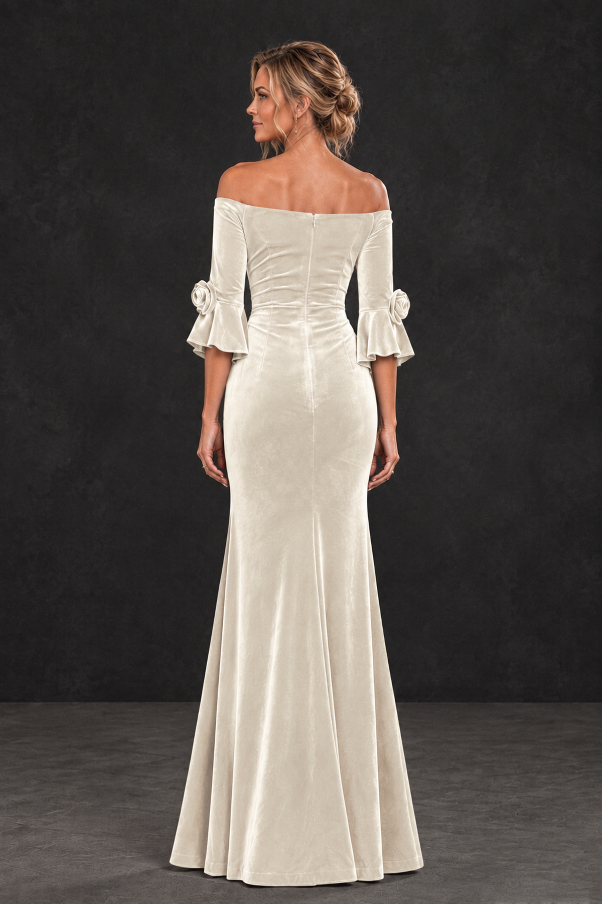 BOLODOO Ivory Velvet Off-Shoulder Mother of the Bride Dress – 3/4 Floral Cuff Sleeve Mermaid Evening Gown - Ivory - Ivory_2