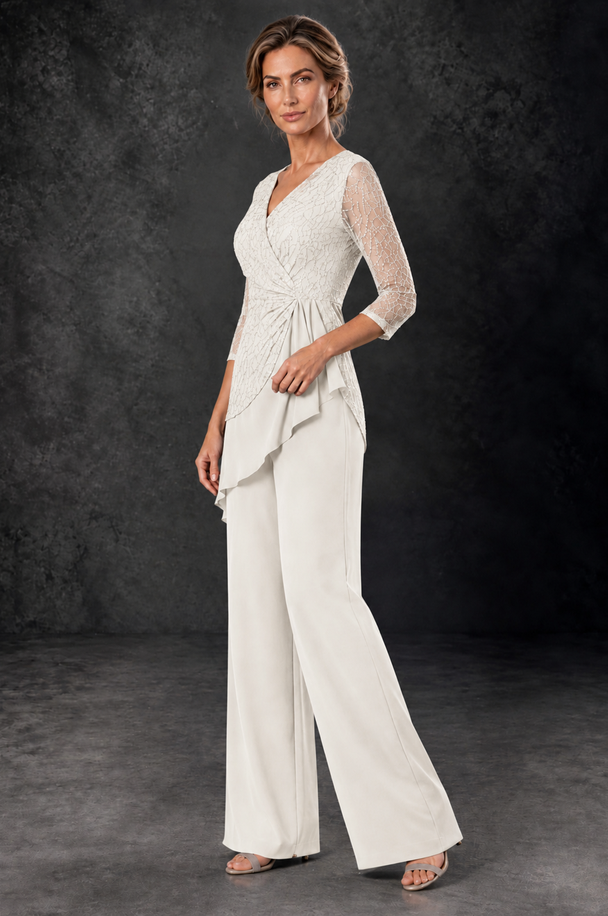 BOLODOO Ivory Sequin Lace 3/4 Sleeve Chiffon Mother of the Bride Pant Suit - Ivory - Ivory_2