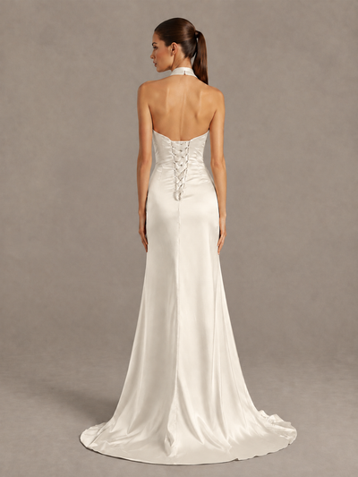 BOLODOO Ivory Halter Satin Evening & Prom Dress with High Slit - Ivory - Ivory_2