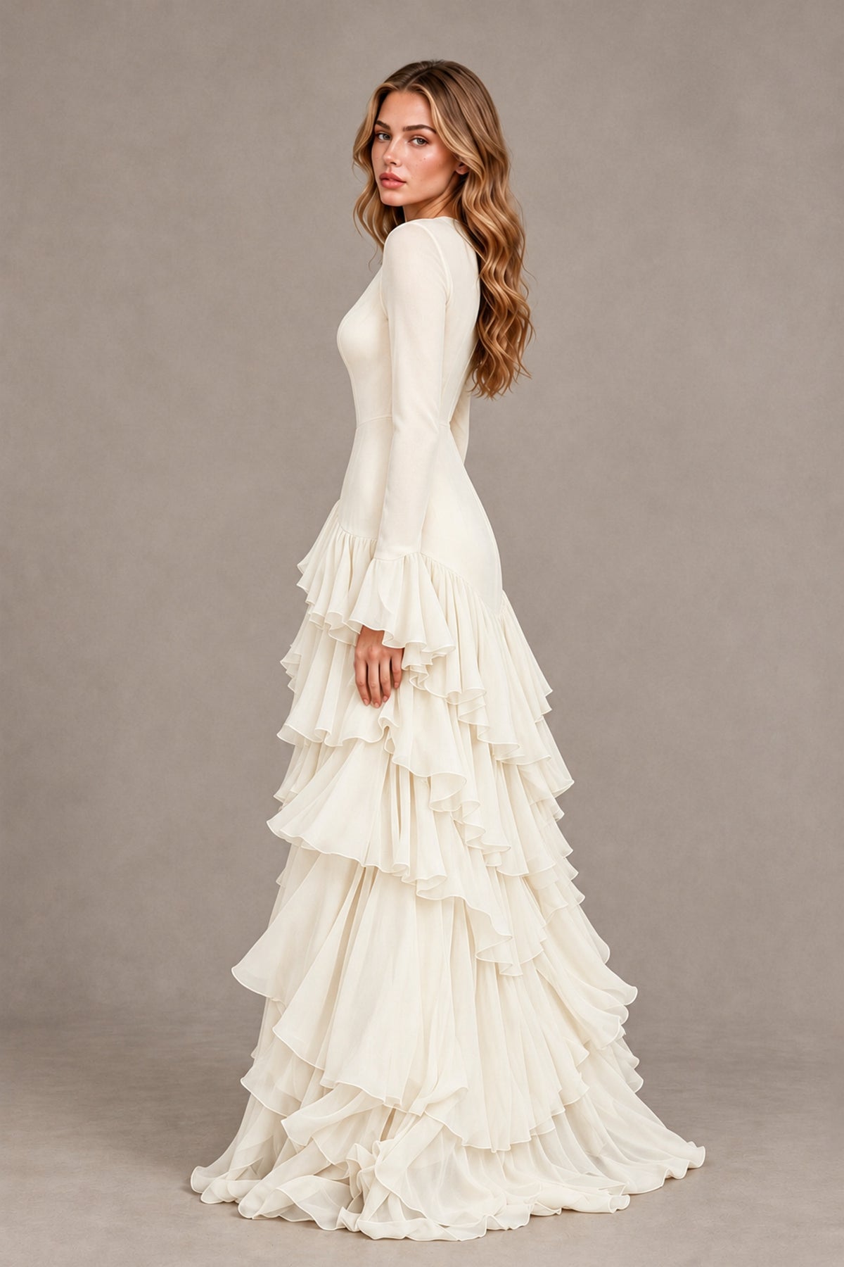 Ivory Long Sleeve Tiered Ruffle Evening Gown - Ivory - Ivory_2