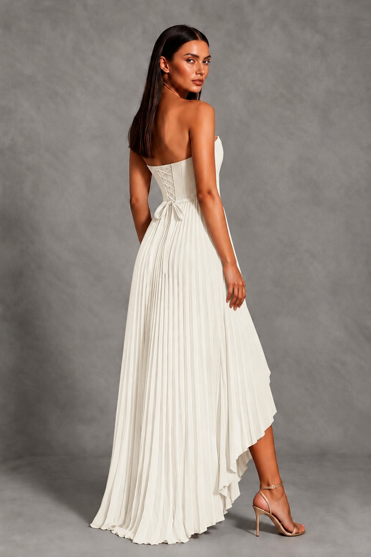 Ivory Strapless Pleated High-Low Evening Gown with Ruffle Hem - Ivory - Ivory_2