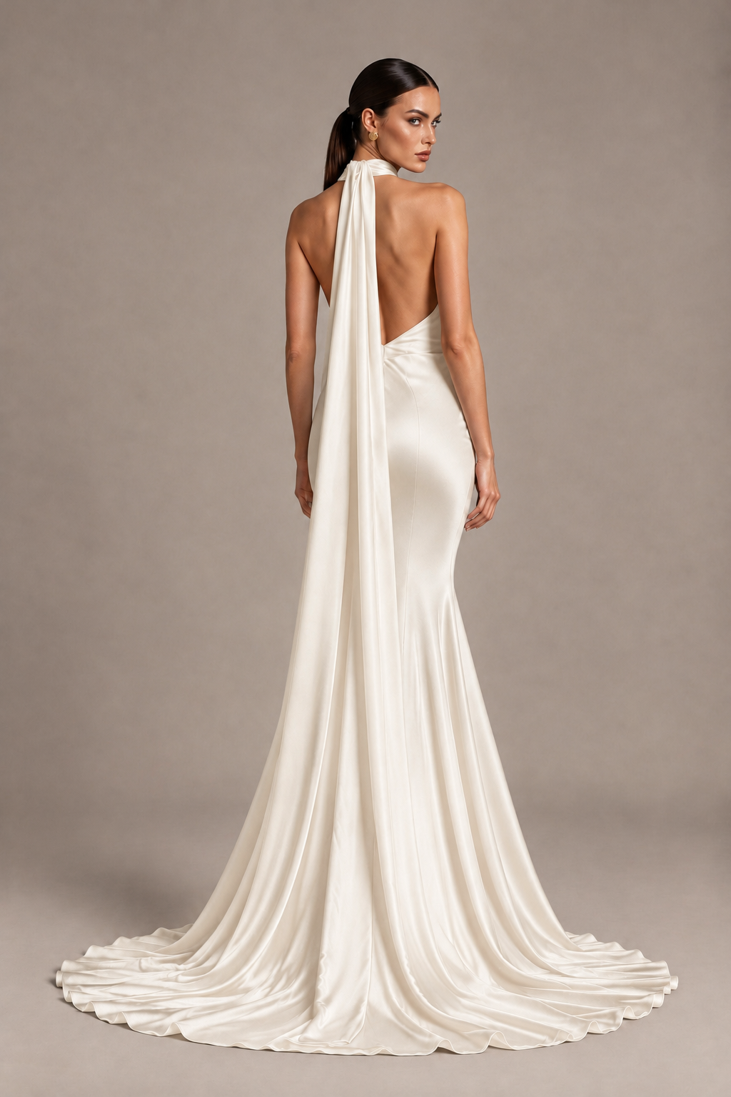 BOLODOO Ivory One-Shoulder Satin Mermaid Evening Dress with Scarf - Ivory - Ivory_2