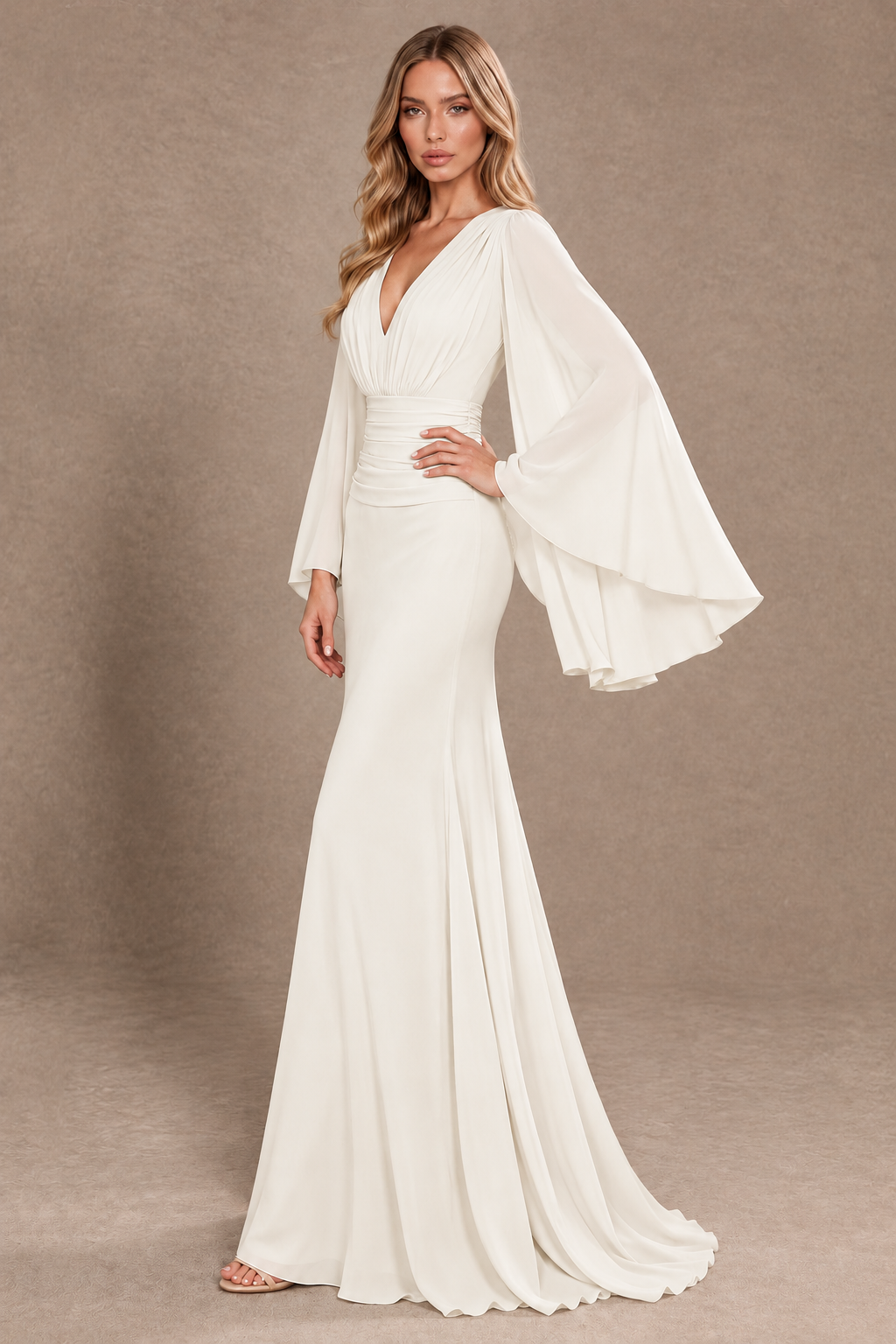BOLODOO Ivory Cape Sleeve V-Neck Ruched Chiffon Evening Dress - Ivory - Ivory_2