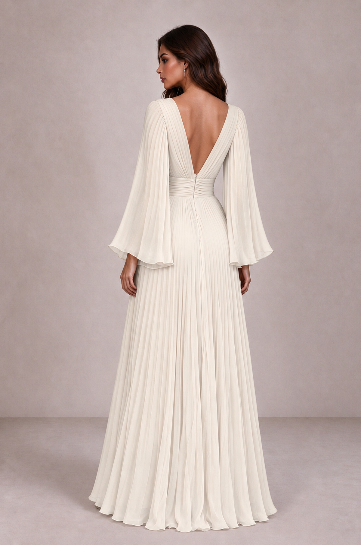 BOLODOO Ivory Pleated Deep V-Neck Long Bell Sleeve Evening Dress - Ivory - Ivory_2