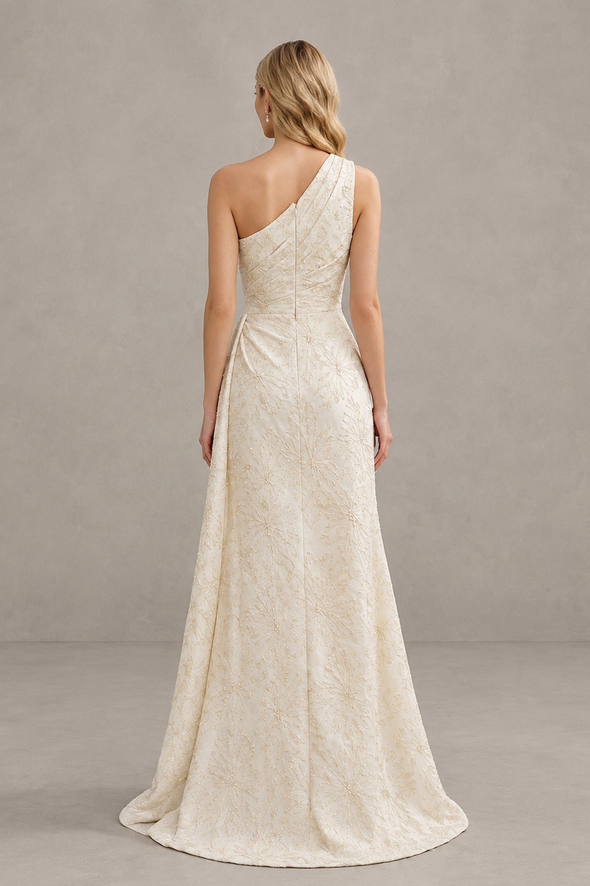 BOLODOO Ivory One-Shoulder Textured Formal Gown - Ivory