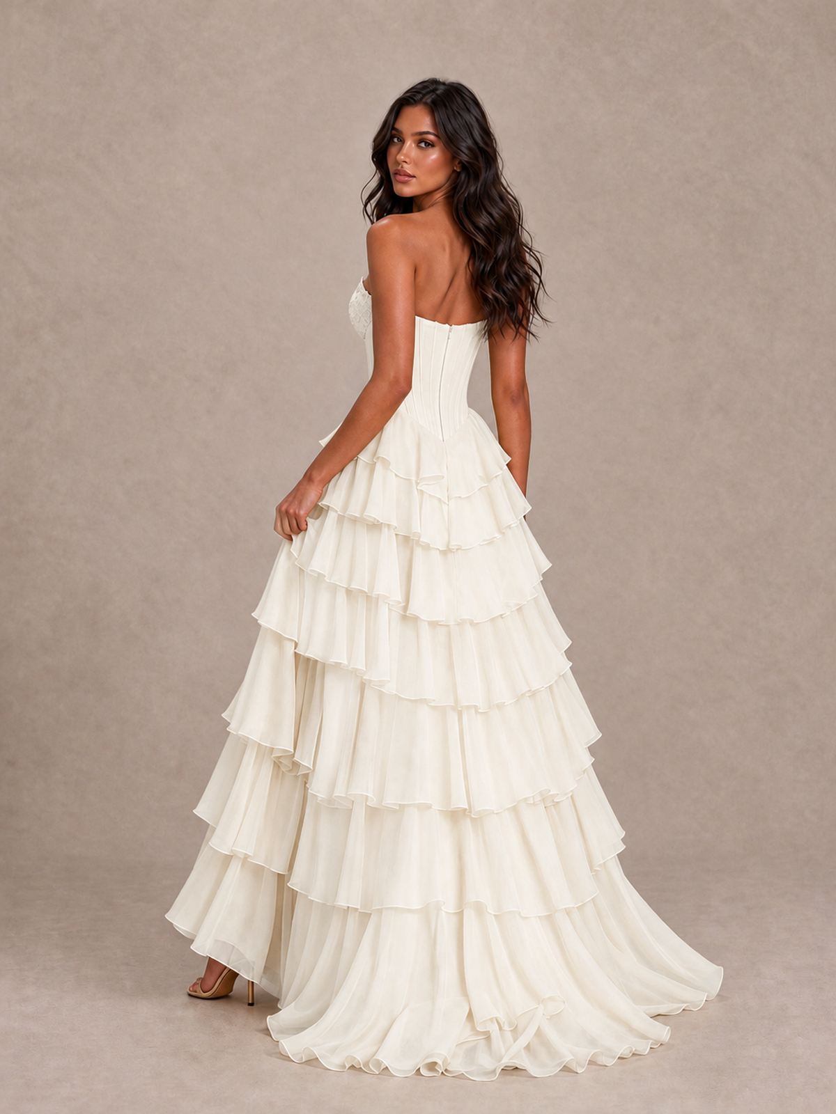 BOLODOO Ivory Strapless Corset Tiered Ruffle Prom Dress with High Slit - Ivory - Ivory_2