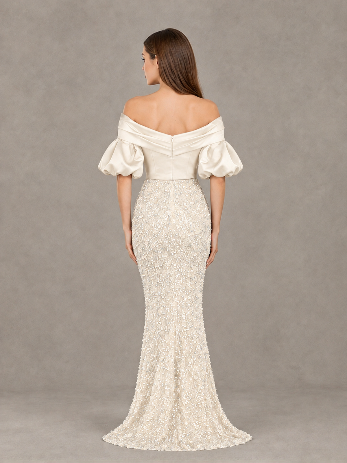 BOLODOO Ivory Off-Shoulder Puff Sleeve Sequin Mermaid Evening Dress - Ivory - Ivory_2