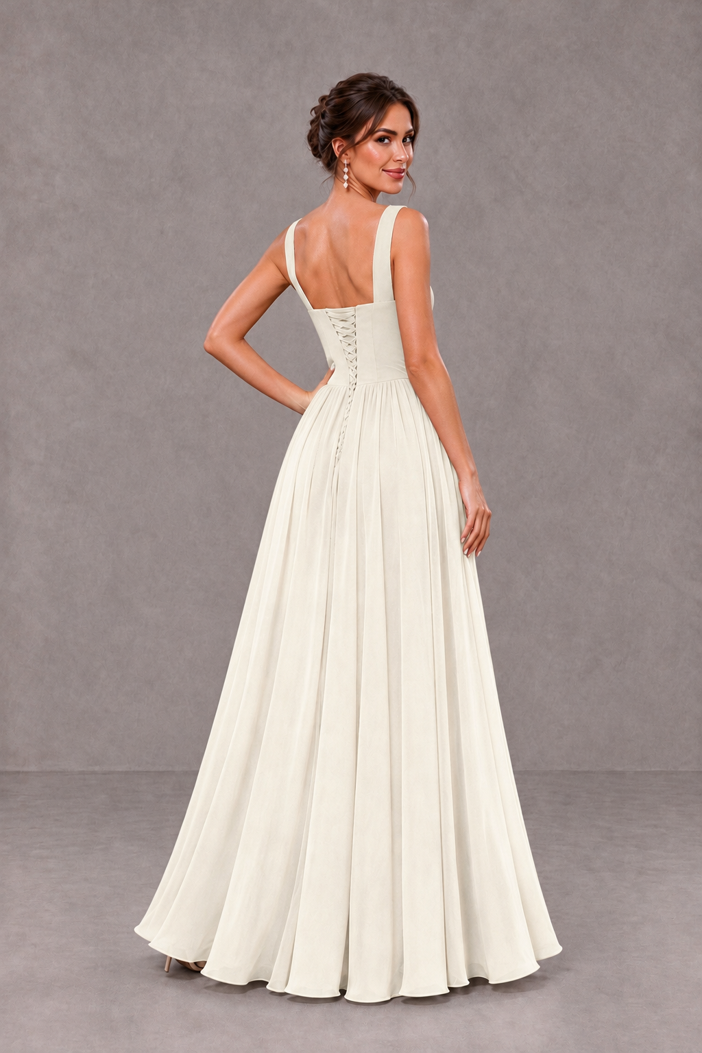 BOLODOO Ivory Square Neck A-Line Bridesmaid Dress with Slit - Ivory - Ivory_2