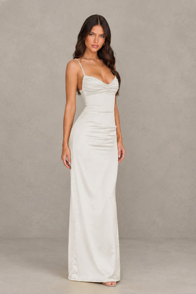 BOLODOO Ivory Satin Cowl Neck Open Back Mermaid Maxi Dress with Side Slit - Ivory