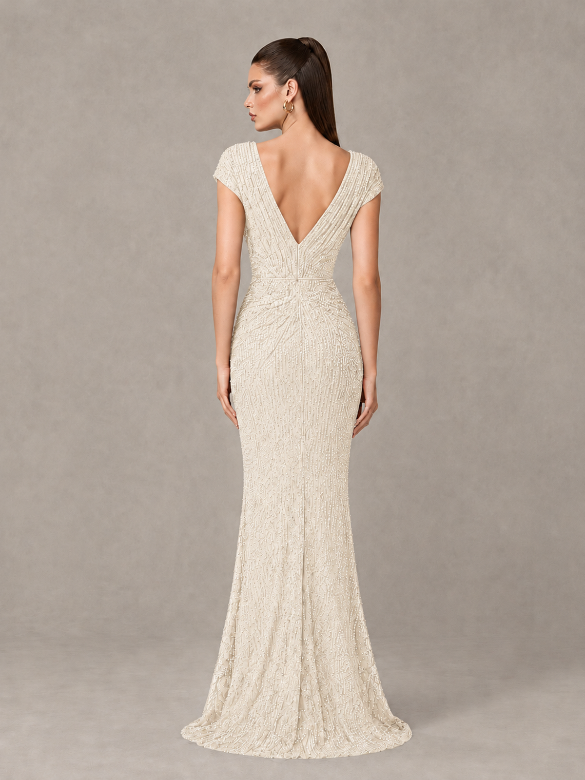 BOLODOO Ivory Glitter V-Neck Cap Sleeve Ruched Mermaid Evening Gown - Ivory - Ivory_2