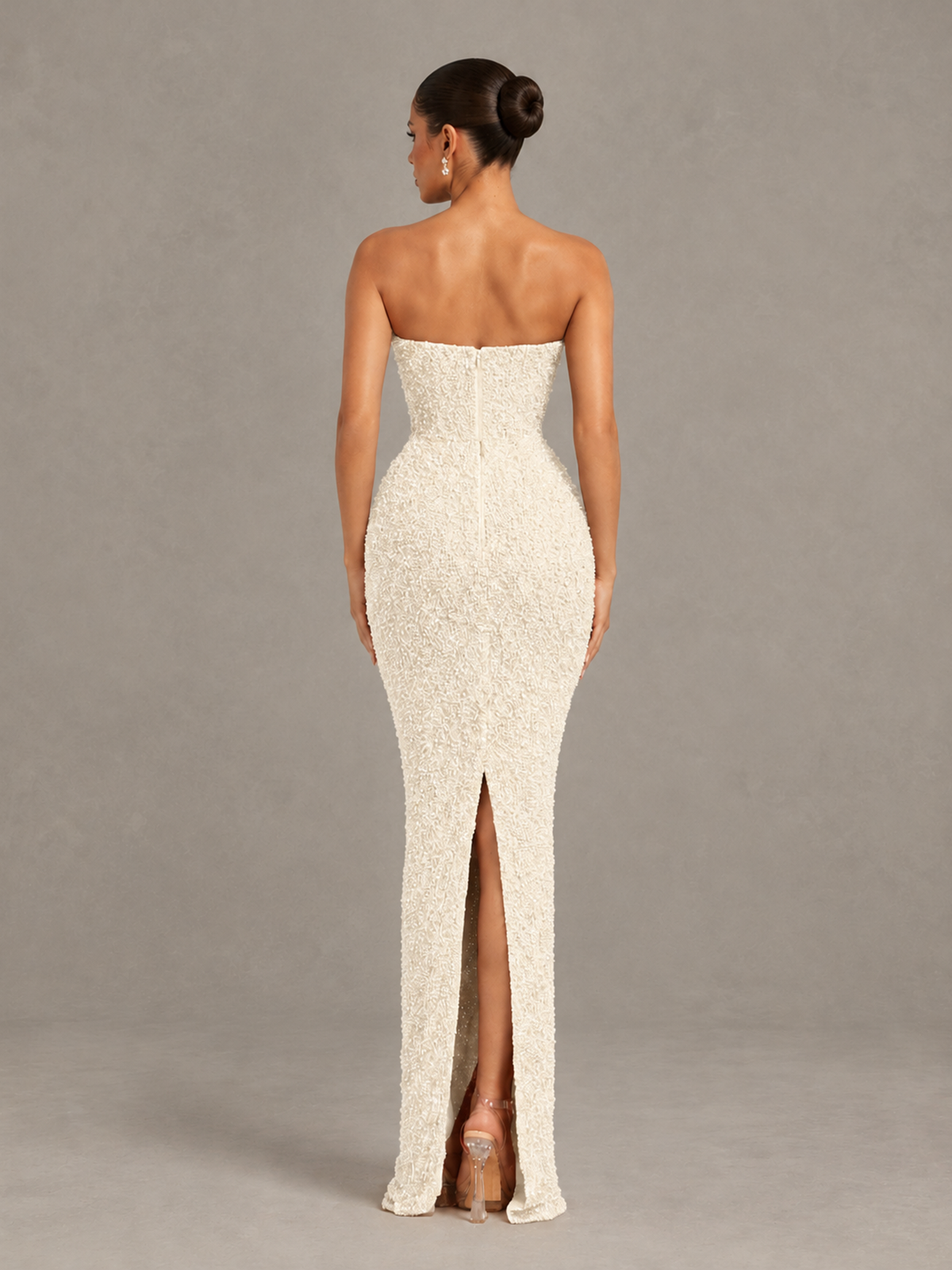 BOLODOO Ivory Strapless Sequin Evening Gown with Floral Neckline - Ivory - Ivory_2