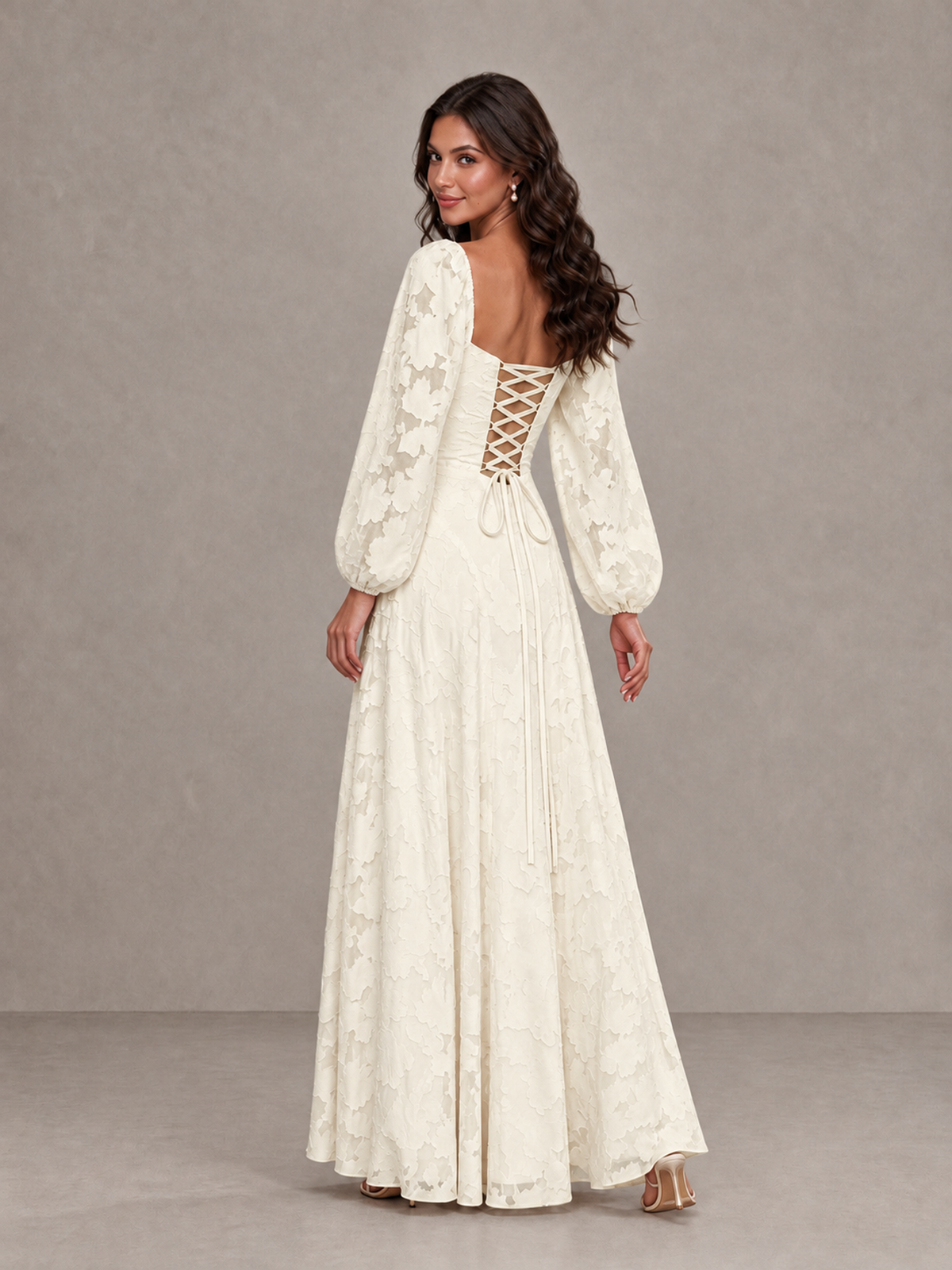 BOLODOO Ivory Floral Long Sleeve A-Line Bridesmaid Dress - Ivory - Ivory_2