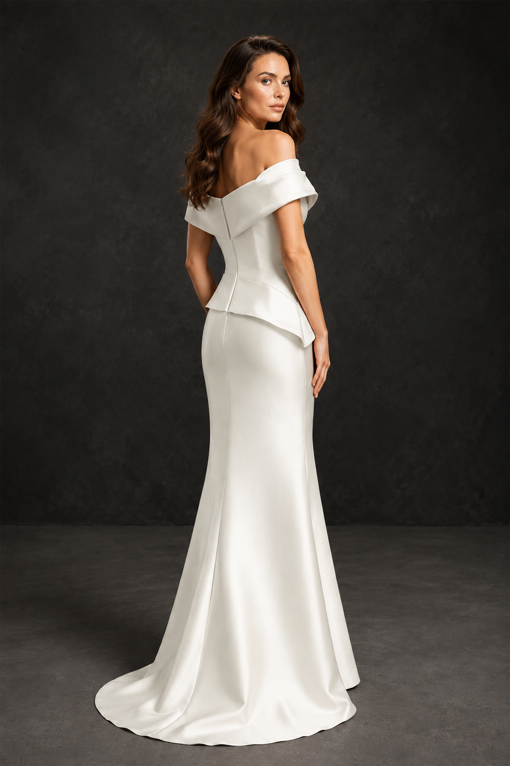 BOLODOO Ivory Satin Off-Shoulder Sweetheart Asymmetric Peplum Mermaid Gown with Ivory Floral Embroidery | MOB Evening Dress - Ivory