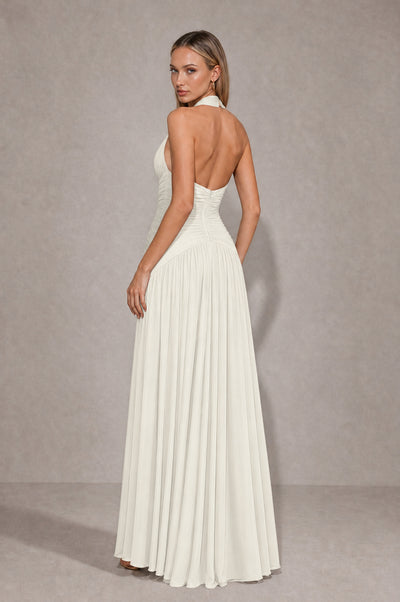 BOLODOO Ivory Chiffon Halter Deep V-Neck Ruched A-Line Backless Maxi Dress with Train-BD0167 - Ivory - Ivory_2