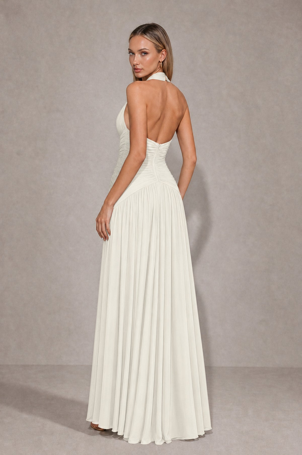 BOLODOO Ivory Chiffon Halter Deep V-Neck Ruched A-Line Backless Maxi Dress with Train-BD0167 - Ivory - Ivory_2