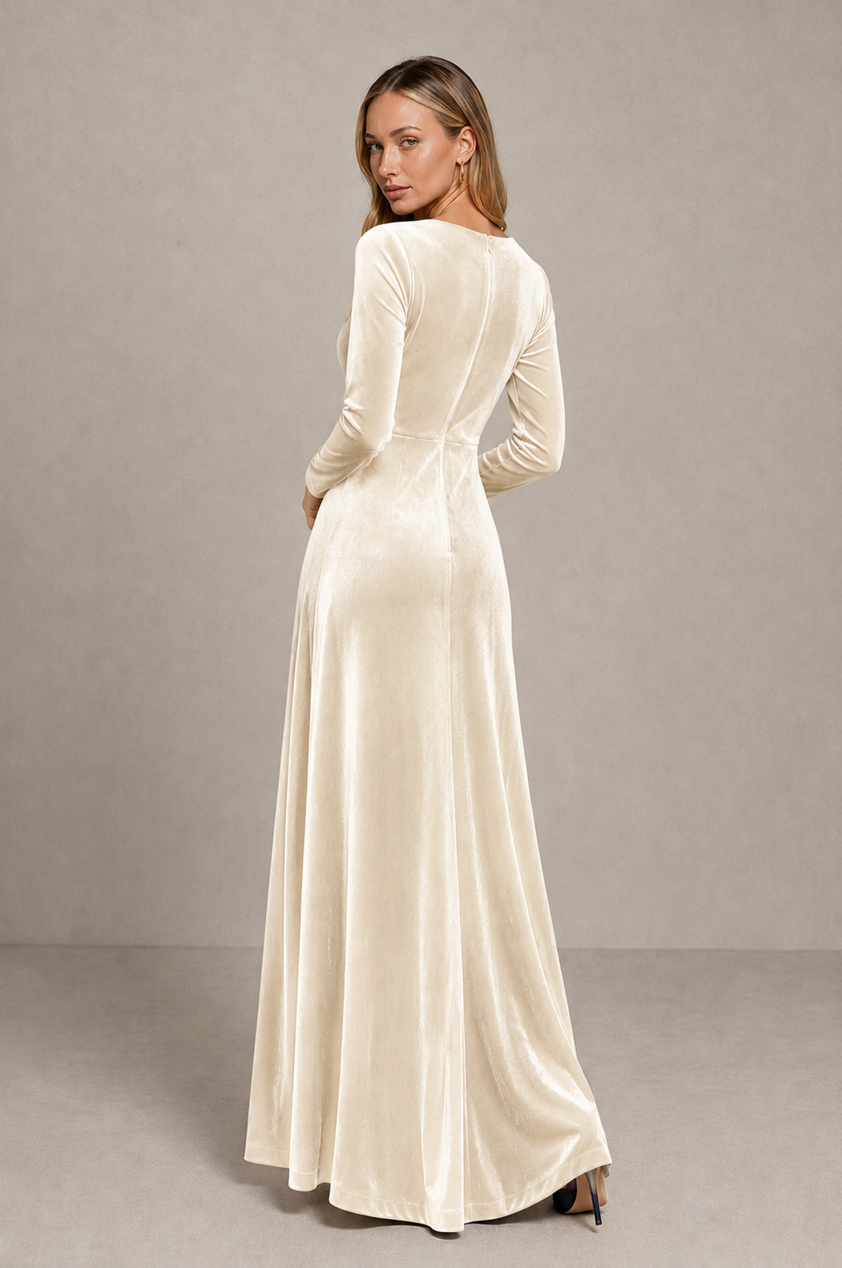BOLODOO Ivory Velvet Long Sleeve V-Neck Ruched Evening Dress - Ivory - Ivory_2
