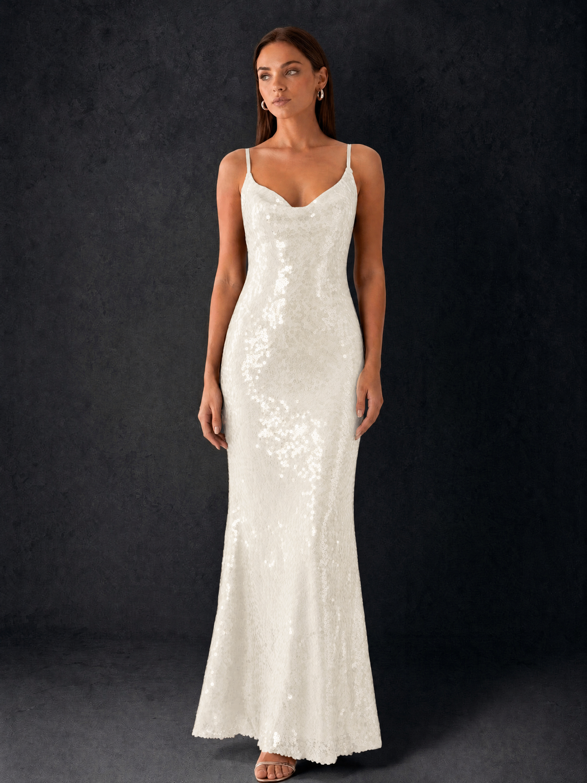 BOLODOO Bronze Sequin Cowl Neck Spaghetti Strap Mermaid Maxi Dress with Open Criss-Cross Back - Ivory - Ivory