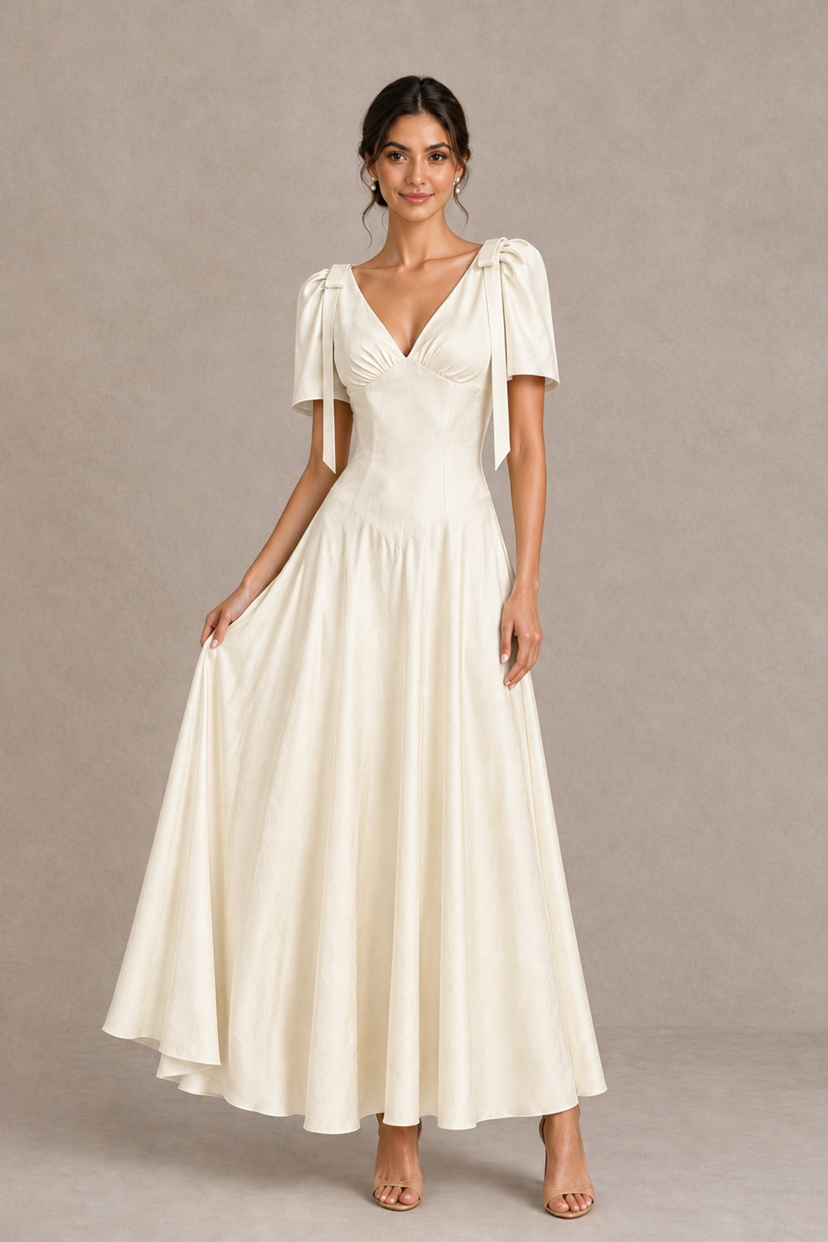 BOLODOO Ivory V-Neck Short Sleeve Satin-Look Bridesmaid Dress with Shoulder Bows - Ivory - Ivory_3