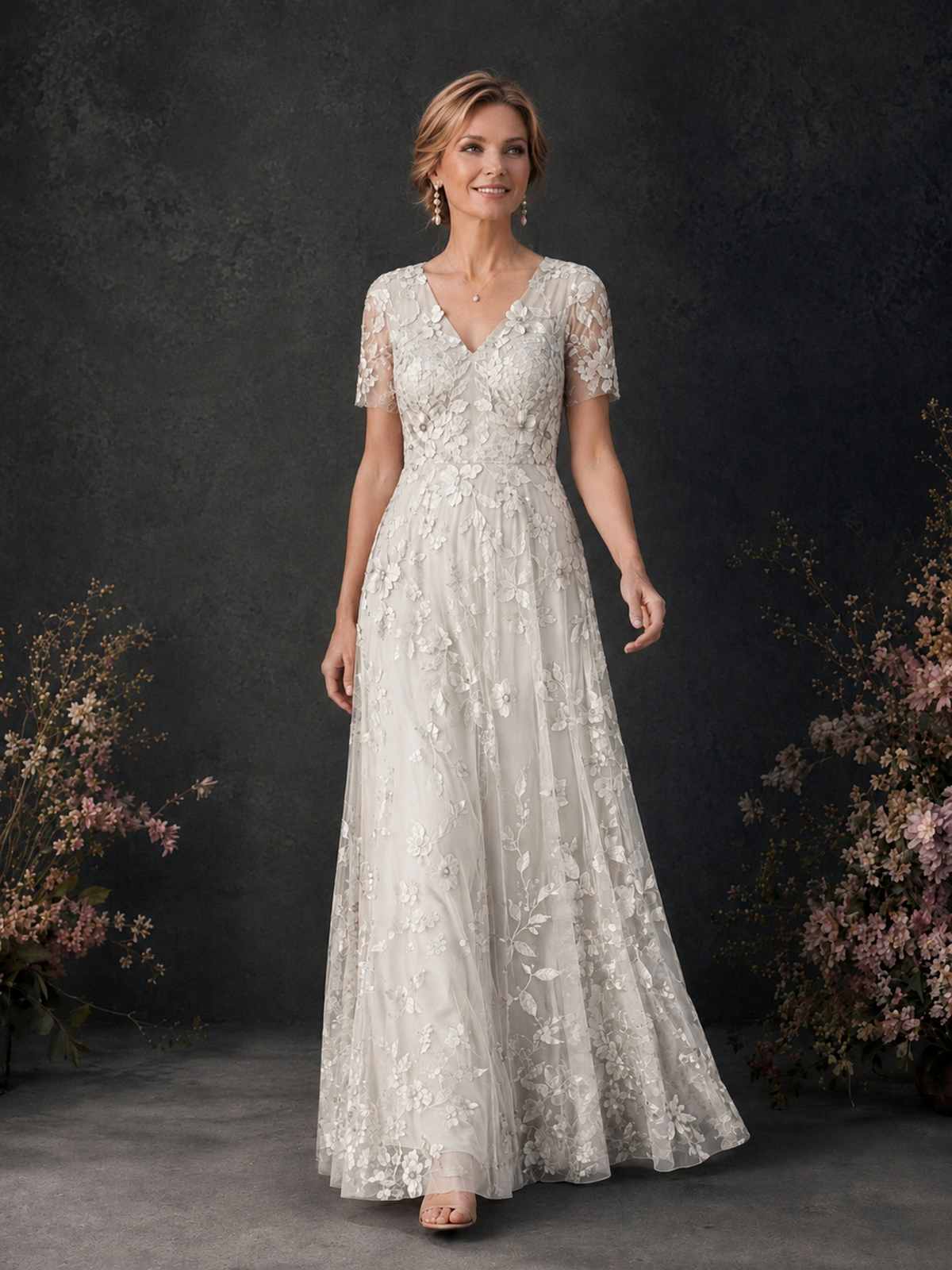 BOLODOO Ivory 3D Floral Embroidered Lace V-Neck Short Sleeve A-Line Maxi Dress - Ivory