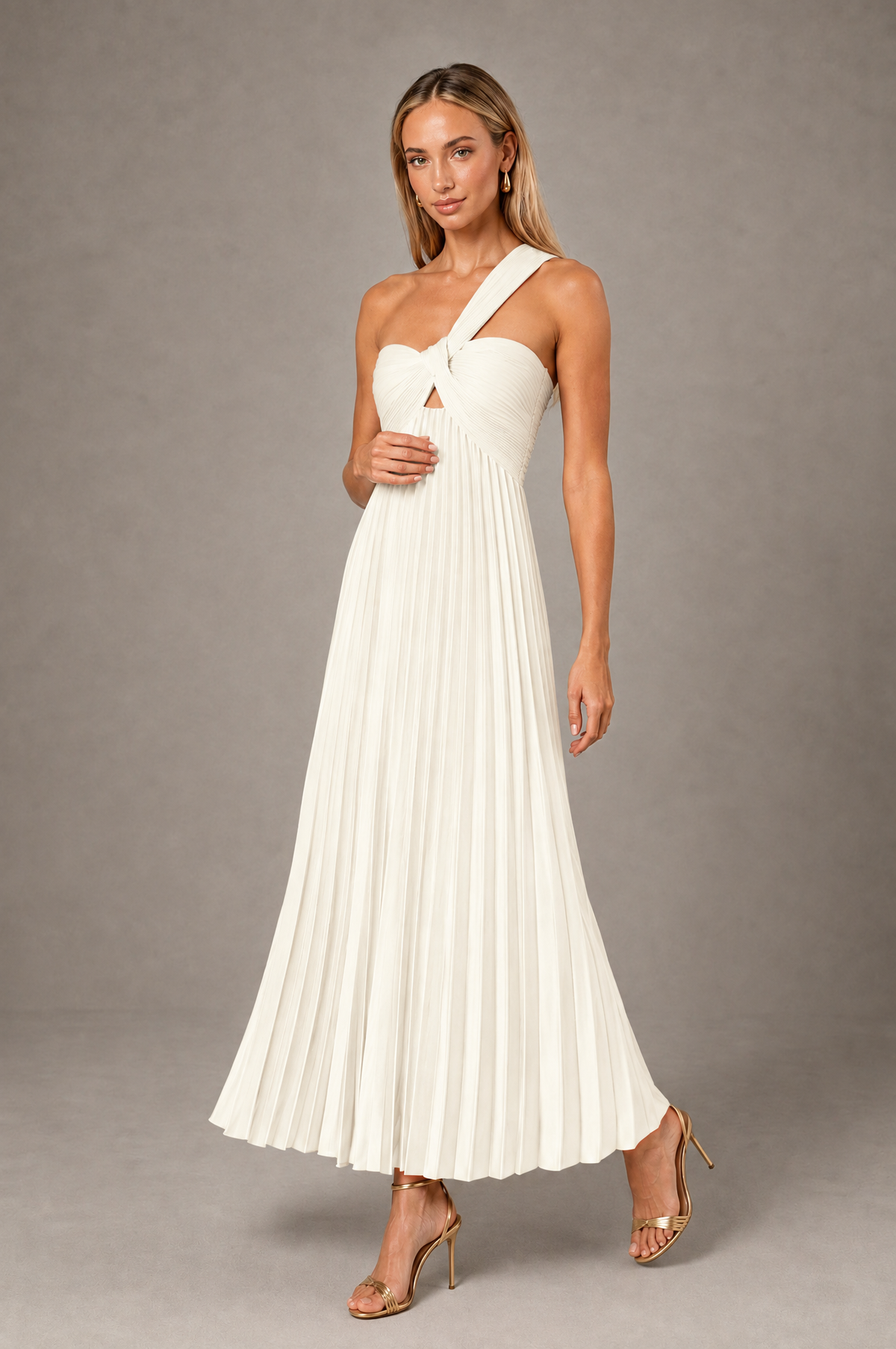BOLODOO Ivory One-Shoulder Twist Knot Pleated Satin Midi Dress with Cutout - Ivory - Ivory_3