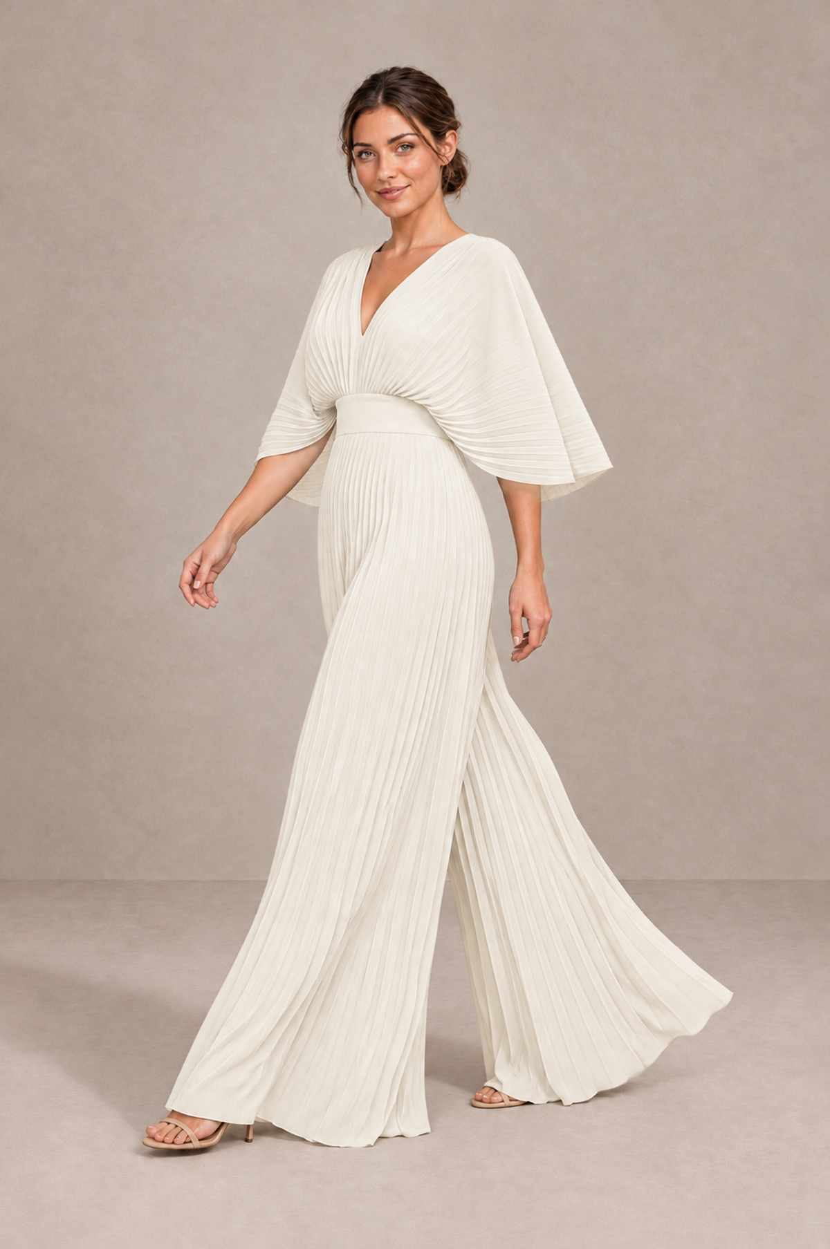 BOLODOO Ivory Pleated Wide-Leg Mother of Bride Pantsuit with V-Neck Chiffon Maxi Gown - Ivory - Ivory_3