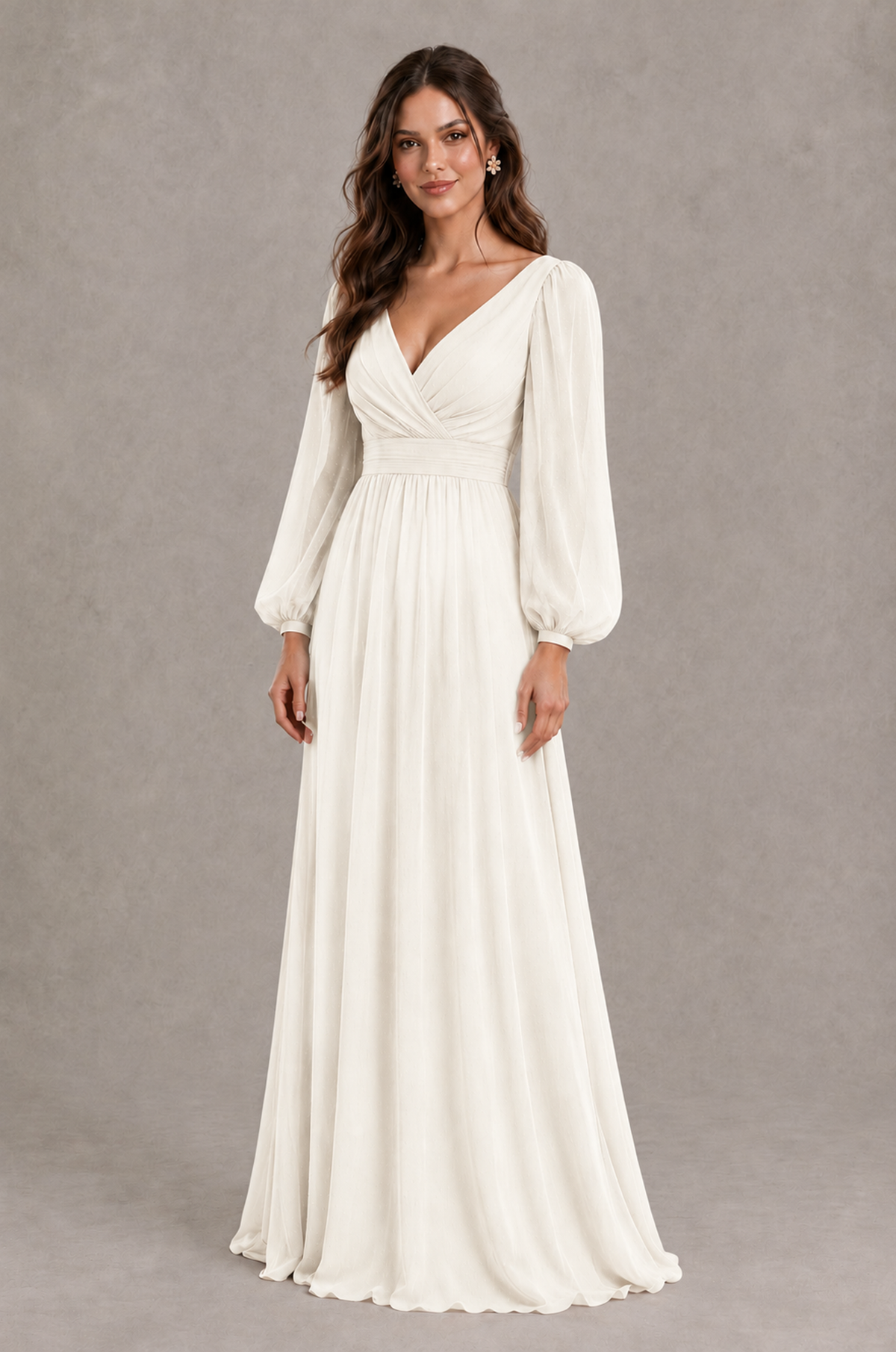 BOLODOO Ivory Long Sleeve V-Neck A-Line Bridesmaid Dress - Ivory - Ivory_3