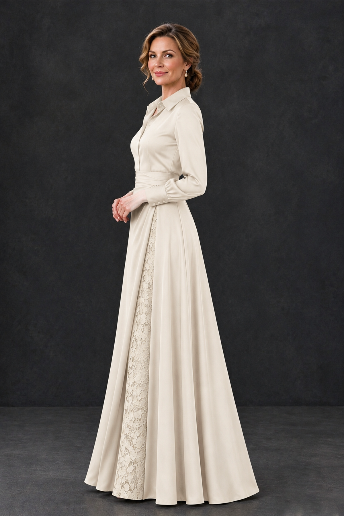 BOLODOO Ivory Long Sleeve Satin-Look Lace Panel Gown - Ivory - Ivory_3